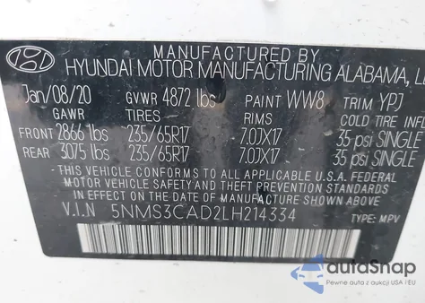 2020 Hyundai Santa Fe Sel z USA, uszkodzony, nr VIN 5NMS3CAD2LH214334
